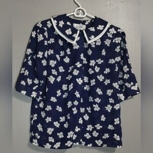 Josephine Vintage Navy Floral Blouse with White Trim